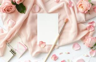 Notepad, Pen, and Flowers on Pink Background photo