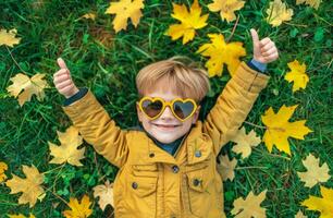 Little Boy in Yellow Jacket Wearing Sunglasses photo