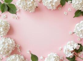 Pink Background With White Flowers and Leaves photo