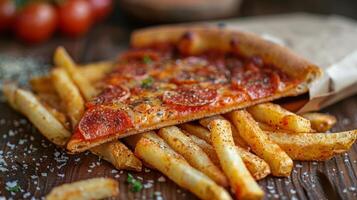 Pizza Slice on Pile of French Fries photo