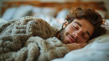 hombre dormido en cama con ojos cerrado foto