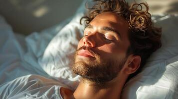 hombre dormido en cama con ojos cerrado foto