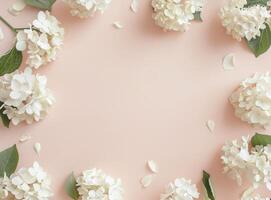 Pink Background With White Flowers and Leaves photo