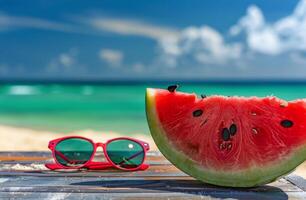 Watermelon Slice Wearing Sunglasses on Beach photo