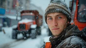 Man Standing in Front of Tractor in Snow photo