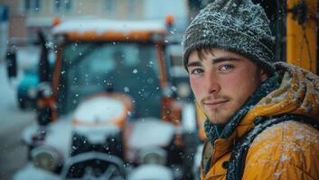 hombre en pie en frente de tractor en nieve foto