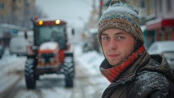 Man Standing in Front of Tractor in Snow photo