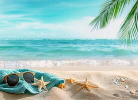 Sunglasses and Starfish on Beach photo