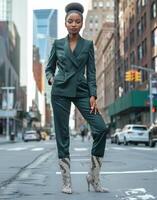 Woman in Green Suit at Street Corner photo