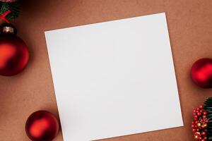 Beautiful Mockup White Card with Christmas Ornaments, A Festive Touch for Your Holiday Greetings photo