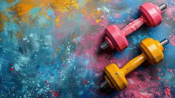 Dumbbells Resting on Colorful Wall photo