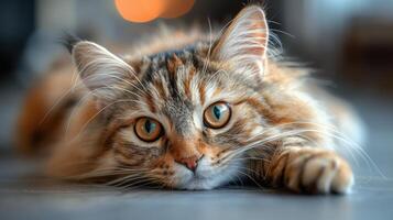 Close Up of a Cat Laying on the Ground photo