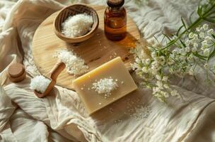 Wooden Bowl of Soap and Sea Salt photo