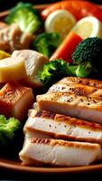 A plate fill with vegetable, chicken and fish meat photo