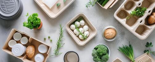 un biodegradable y compostable embalaje solución para comida productos hecho desde sostenible materiales tal como a base de plantas plástica o reciclado papel foto