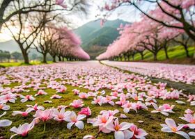 A field of Tung Blossoms in a rural Asian landscape, petals gently falling to the ground photo