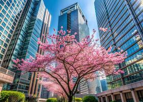A Tung Blossom tree in full bloom amidst a modern urban setting, contrasting nature and architecture photo