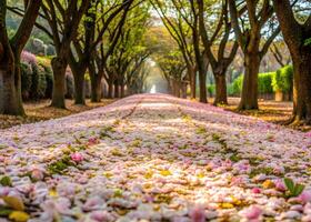 A pathway covered in fallen Tung Blossoms, creating a picturesque scene like a floral carpet. photo