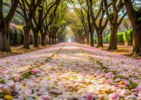 un ruta cubierto en caído tung flores, creando un pintoresco escena me gusta un floral alfombra. foto