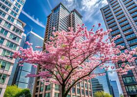 A Tung Blossom tree in full bloom amidst a modern urban setting, contrasting nature and architecture photo