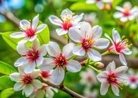 A close-up of a Tung Blossom in full bloom with delicate white petals and a pink center photo