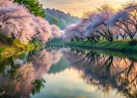Tung Blossom trees lining a serene riverbank, reflecting their beauty in the calm water photo