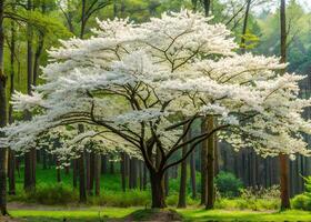 A Tung Blossom tree in the midst of a dense forest, its white flowers standing out vividly photo