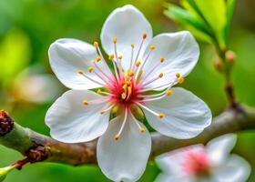 A close-up of a Tung Blossom in full bloom with delicate white petals and a pink center photo