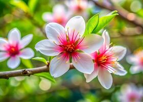 A close-up of a Tung Blossom in full bloom with delicate white petals and a pink center photo