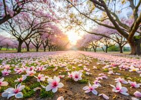 A field of Tung Blossoms in a rural Asian landscape, petals gently falling to the ground photo