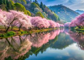 Tung Blossom trees lining a serene riverbank, reflecting their beauty in the calm water photo