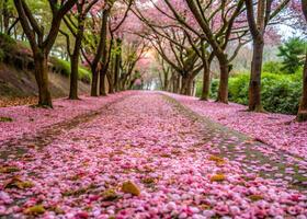 un ruta cubierto en caído tung flores, creando un pintoresco escena me gusta un floral alfombra. foto