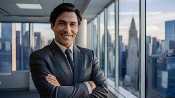 A smart, confident Latino businessman with a friendly smile stands in his office. He's a proud leader, maybe a lawyer or a manager, and he looks directly at the camera photo