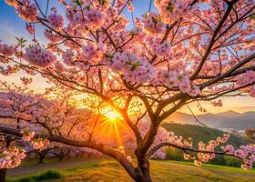 A Tung Blossom tree during sunset, the flowers illuminated by the golden hour light photo