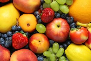 Beautiful Tropical Fruits Background A Luscious Display of Nature's Bounty, Featuring an Abundance of Colorful and Exotic Fruits Against a Vibrant and Refreshing Backdrop photo