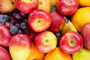 Beautiful Tropical Fruits Background A Luscious Display of Nature's Bounty, Featuring an Abundance of Colorful and Exotic Fruits Against a Vibrant and Refreshing Backdrop photo