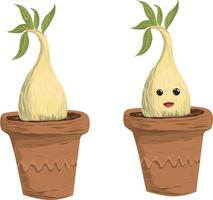 Cute ginger root or ginseng in a flower pot. illustration a beautiful white spine with a face and some leaves on the top. This creature grows in an ordinary clay pot with a simple pattern vector