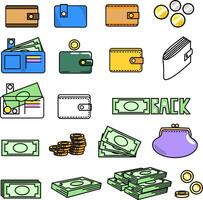 money management related icon set. leather wallets of different types with and without money. illustration several gold and silver coins obverse and reverse. The inscription cashback and a vector