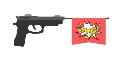 Pistol gun with bang text icon in flat style. Firearm symbol illustration on isolated background. Rifle ammo sign business concept. vector