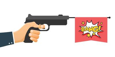 Hand holding pistol gun with bang text icon in flat style. Firearm symbol illustration on isolated background. Rifle ammo sign business concept. vector
