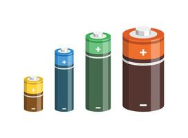 Alkaline battery set icon in flat style. Different size accumulator illustration on isolated background. Accumulator recharge sign business concept. vector
