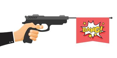 Hand holding pistol gun with bang text icon in flat style. Firearm symbol illustration on isolated background. Rifle ammo sign business concept. vector