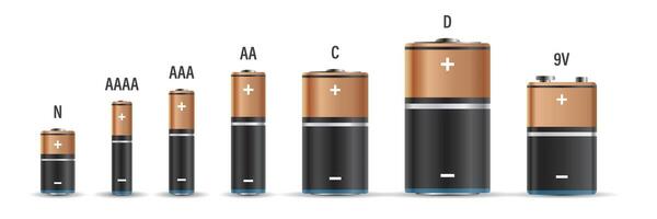 Realistic alkaline battery set icon in flat style. Diffrent size accumulator illustration on isolated background. Accumulator recharge sign business concept. vector