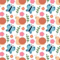 Cute and cozy Seamless Pattern with snail, butterfly, branches and flowers. Children background. Spring or summer flora and fauna. flat illustration. vector