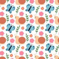 Cute and cozy Seamless Pattern with snail, butterfly, branches and flowers. Children background. Spring or summer flora and fauna. flat illustration. vector