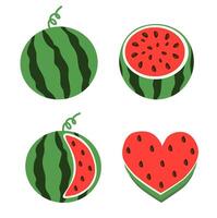 Watermelon set. Whole and cut slice, dissected, in shape of heart. Flat collection illustration. vector