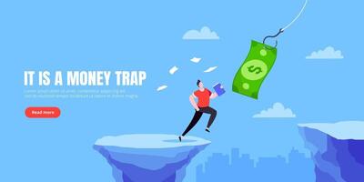 Fishing money chase business concept with businessman running after dangling dollar jumps over the cliff. vector