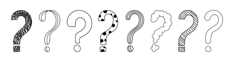 Doodle question mark hand drawn sketch illustration set isolated on white background. vector