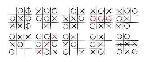 Tic tac toe xo game hand drawn grid doodle template illustration set isolated on white background vector