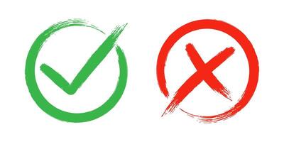 Dirty grunge cross x and tick OK check marks in check boxes, hand drawn with brush strokes illustration. vector